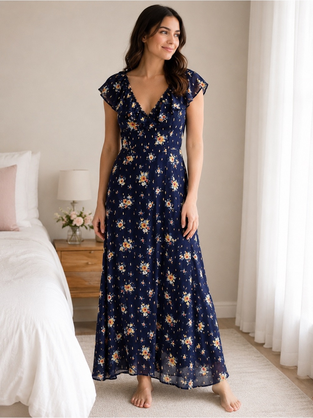 miami Navy Floral Ruffle V-Neck Maxi Dress XS